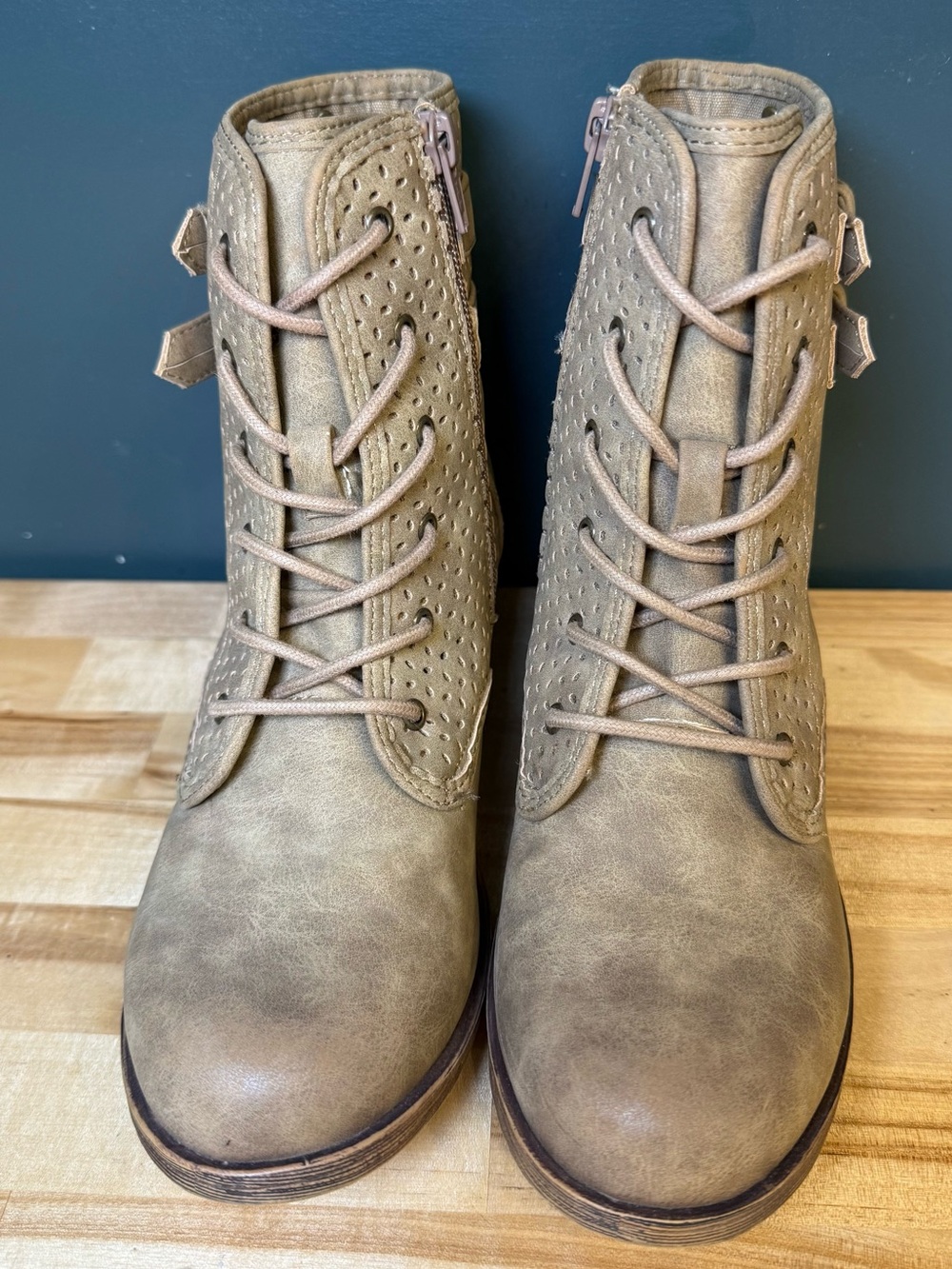 Roxy Taupe Lace-Up Perforated Ankle Boots
